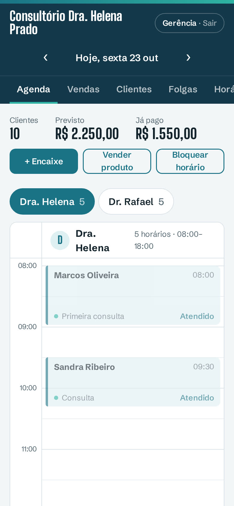 Painel do consultório com a agenda do dia por profissional e o botão de encaixe